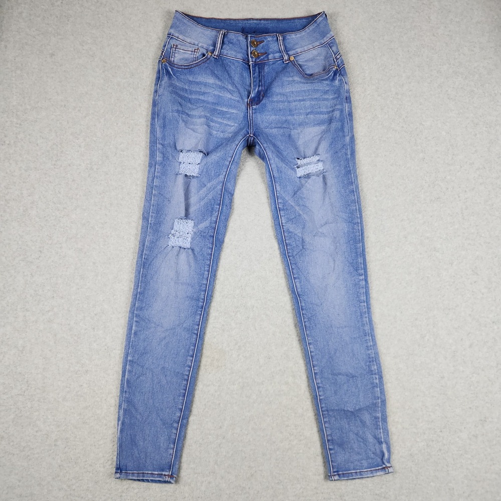 Diamante Jeans Womens W28 Blue Denim Stretch High Waisted Distressed Skinny‎ Leg